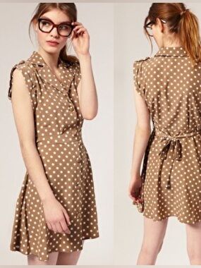 ASOS Spot Shirt Dress Brown White Polka Dot Tie Waist Size 10